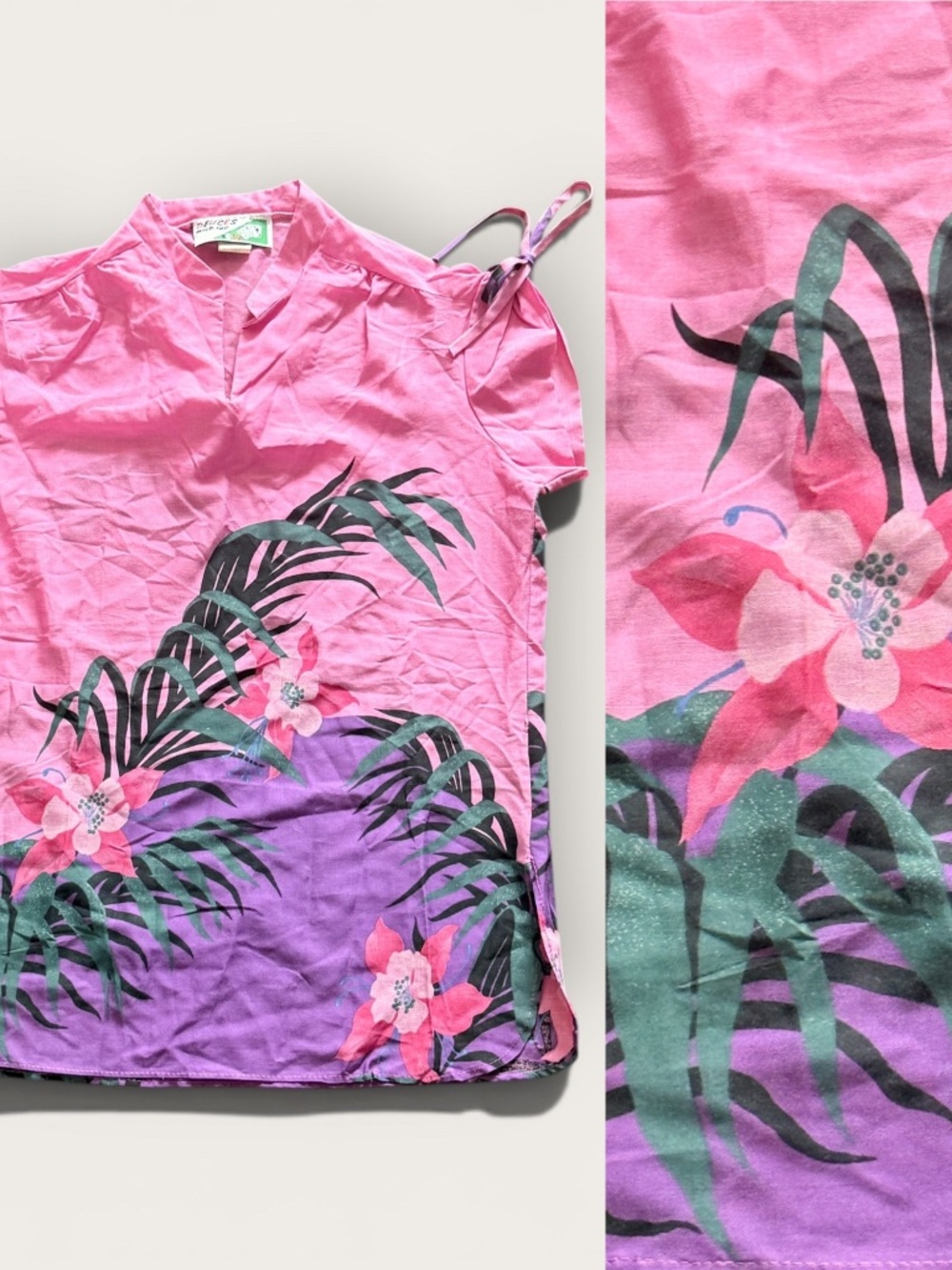 Vintage 70s Deuces Wild Inc. Pink Purple Tropical Floral Blouse Women's Large